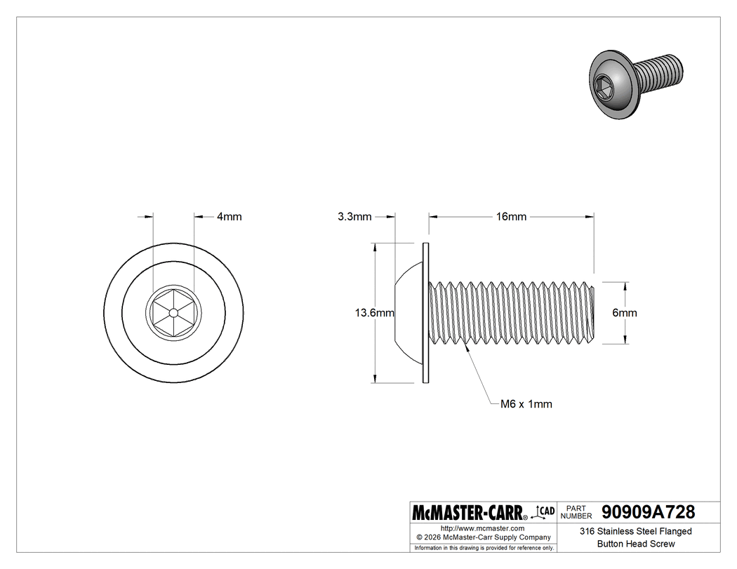 Technical Drawing of 316 Stainless Steel Flanged Button Head Screw, M6 x 1mm Thread, 16mm Long.